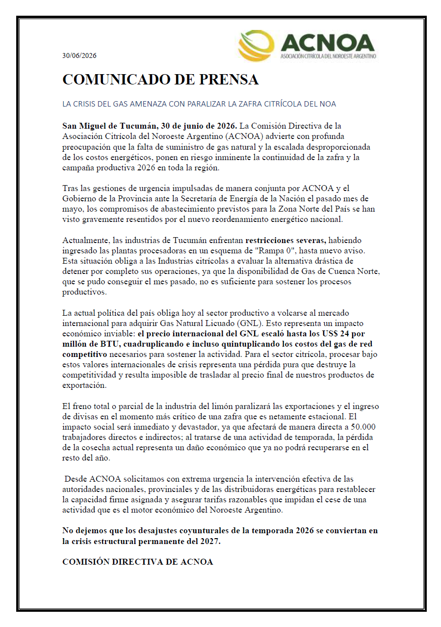 LA CRISIS DEL GAS AMENAZA CON PARALIZAR LA ZAFRA CITRÍCOLA DEL NOA
